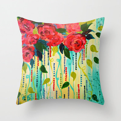 Rose Rage Beautiful 18 X 18 Decorative Art Throw Pillow Cover, Pink Red Turquoise Blue Abstract Floral Bouquet
