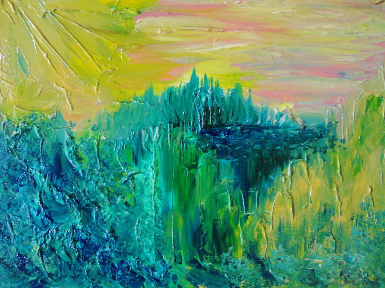 - Dream Abstract Acrylic Painting Impasto Landscape 16 X 20 Green Forest Trees, Nature Pink Yellow Peach Kelly Green Teal