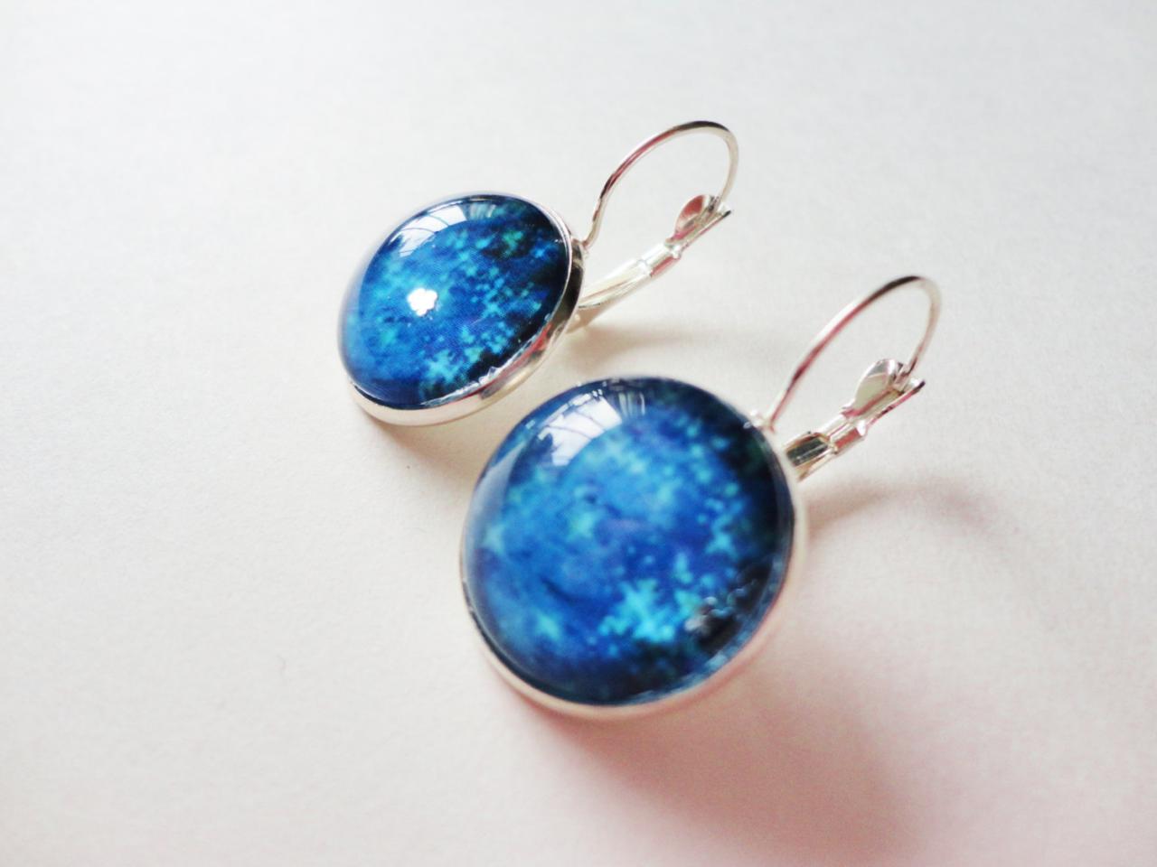 Galactic Scales - Bold Blue Stars Fine Art Earrings, French Clasp Lever Back Stylish Modern Dangle Silver Plated 18mm Round Glass Dome Ooak