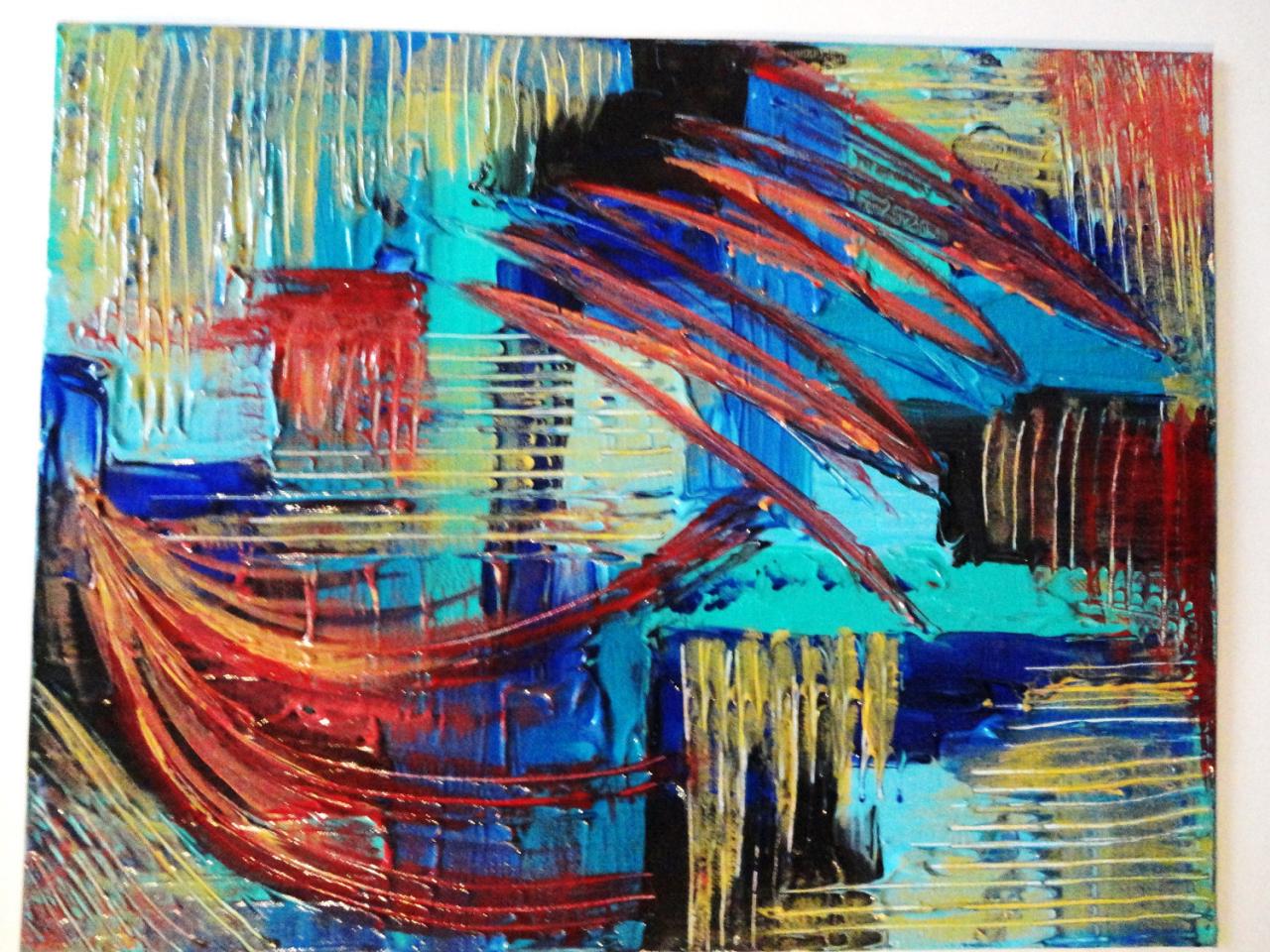- Original Painting. Colour . Abstract Acrylic Modern 11 X 14 Expressionism Red Turquoise Blue Yellow Xmas Gift Under 100