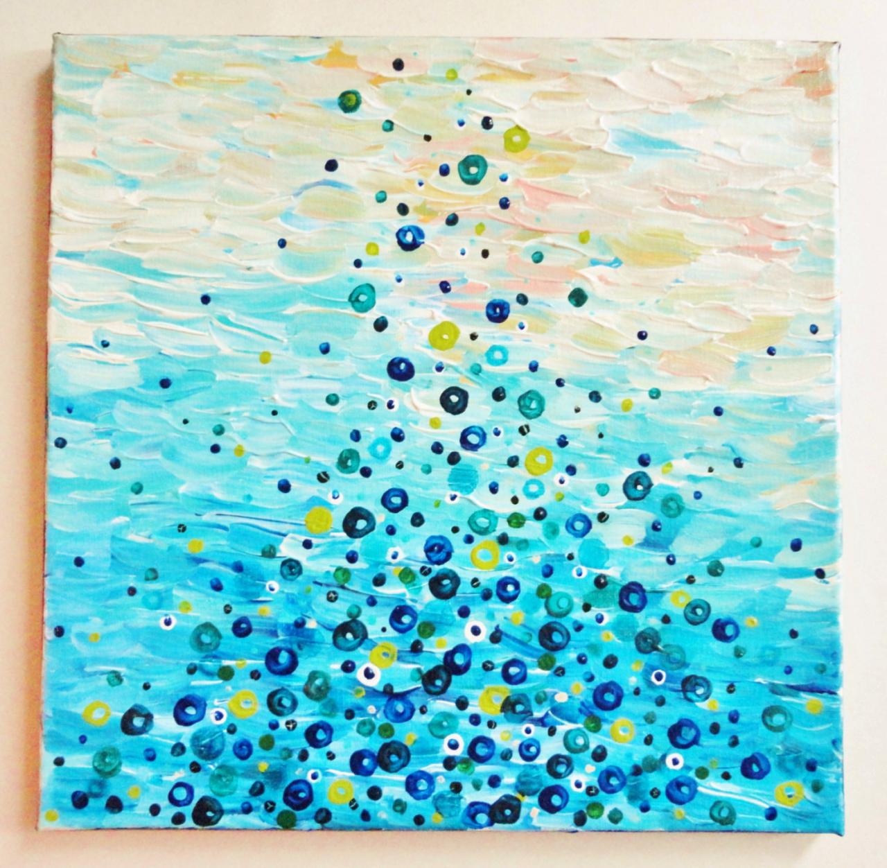 What Goes Up - Lovely Original Abstract Acrylic Painting 12 X 12 Turquoise Blue And Peach Tones, Colorful Royal Blue Bubbles, Fine Art Decor