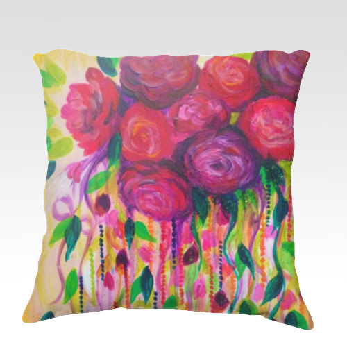 Roses Are Rad - Fine Art Velveteen Throw Pillow Cover 18 X 18 Abstract Floral Pink Red Romantic Flowers Modern Home Decor Painting Cushion