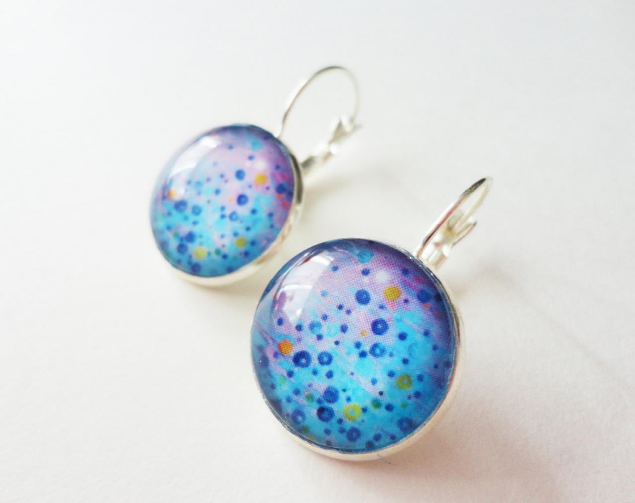 What Goes Up Revisited - Gorgeous Aqua Bubbles Art Earrings, French Clasp Lever Back Ebi Emporium Original Painting Design 18mm Round