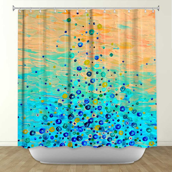 What Goes Up - Fine Art Painting Shower Curtain Washable Home Decor Beautiful Peach Turquoise Blue Bubbles Modern Stylish Dorm Bathroom