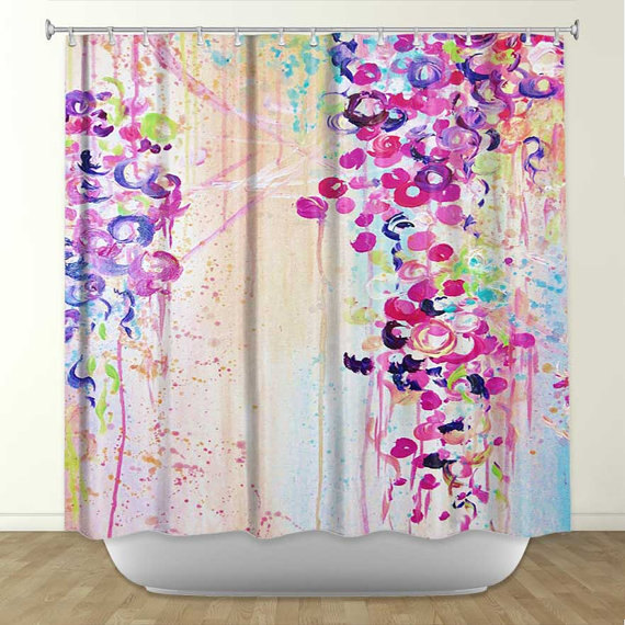 Dance Of The Sakura, Fine Art Painting Shower Curtain Washable Floral Home Decor Lovely Pastel Cherry Blossoms Flowers Modern Style Bathroom