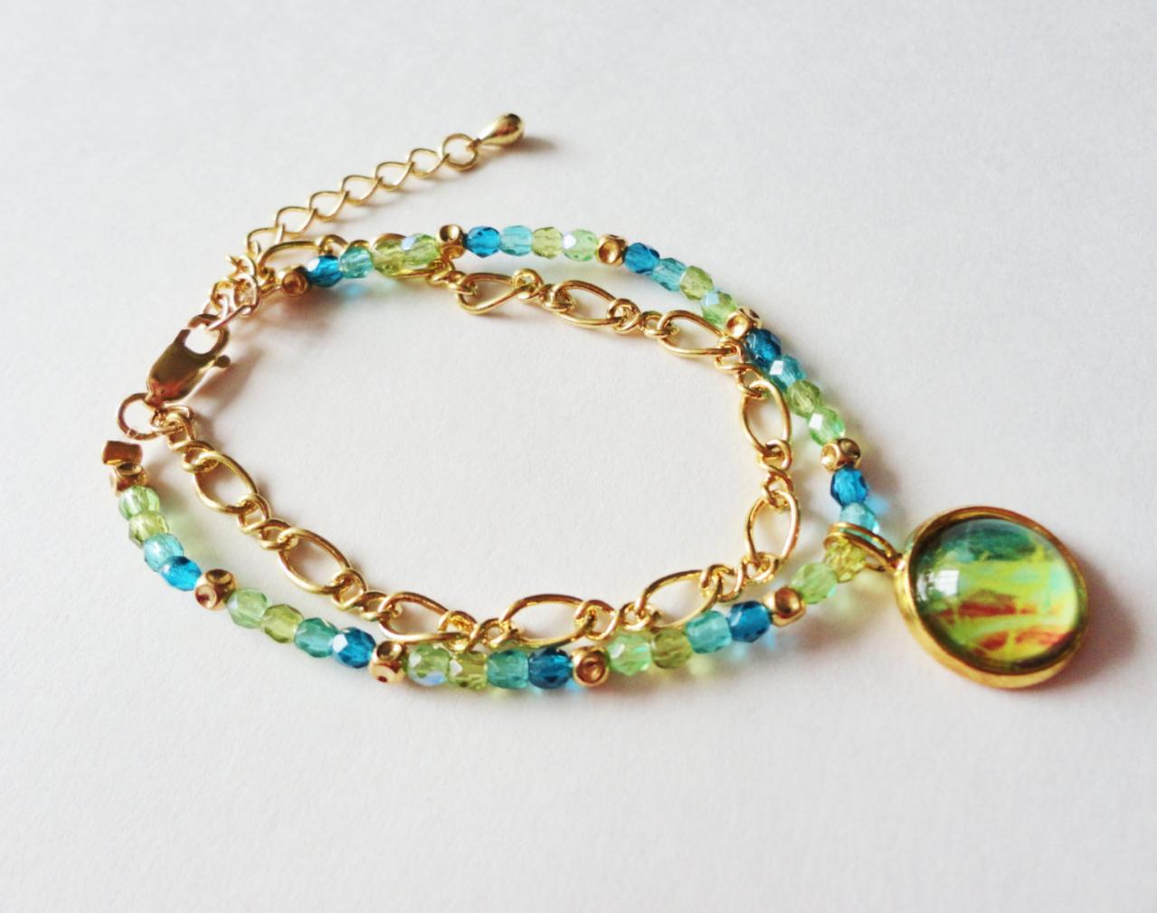 Nautical Galaxy Bracelet Beautiful Blue And Green Glass Beaded Bracelet And Gold Plated Bezel And Chain, Delicate Wearable Fine Art Jewelry