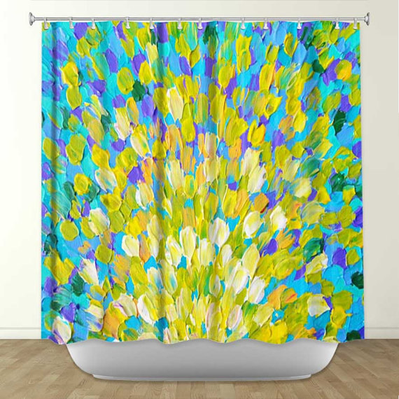Splash 2, Fine Art Painting Shower Curtain Washable Floral Home Decor Colorful Turquoise Blue Yellow Bold Ocean Waves Modern Style Bathroom