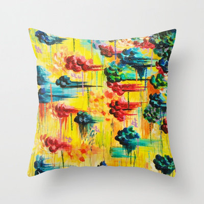 Here Comes The Rain - Original Throw Pillow Cover 18 X 18 Inch, Abstract Acrylic Painting Rain Storm Clouds Colorful Rainbow Modern Impasto