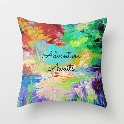 Adventure Awaits Wanderlust Typography Fine Art Throw Pillow Cover 18x18 Explore Summer Nature Rainbow Abstract Hipster Painting