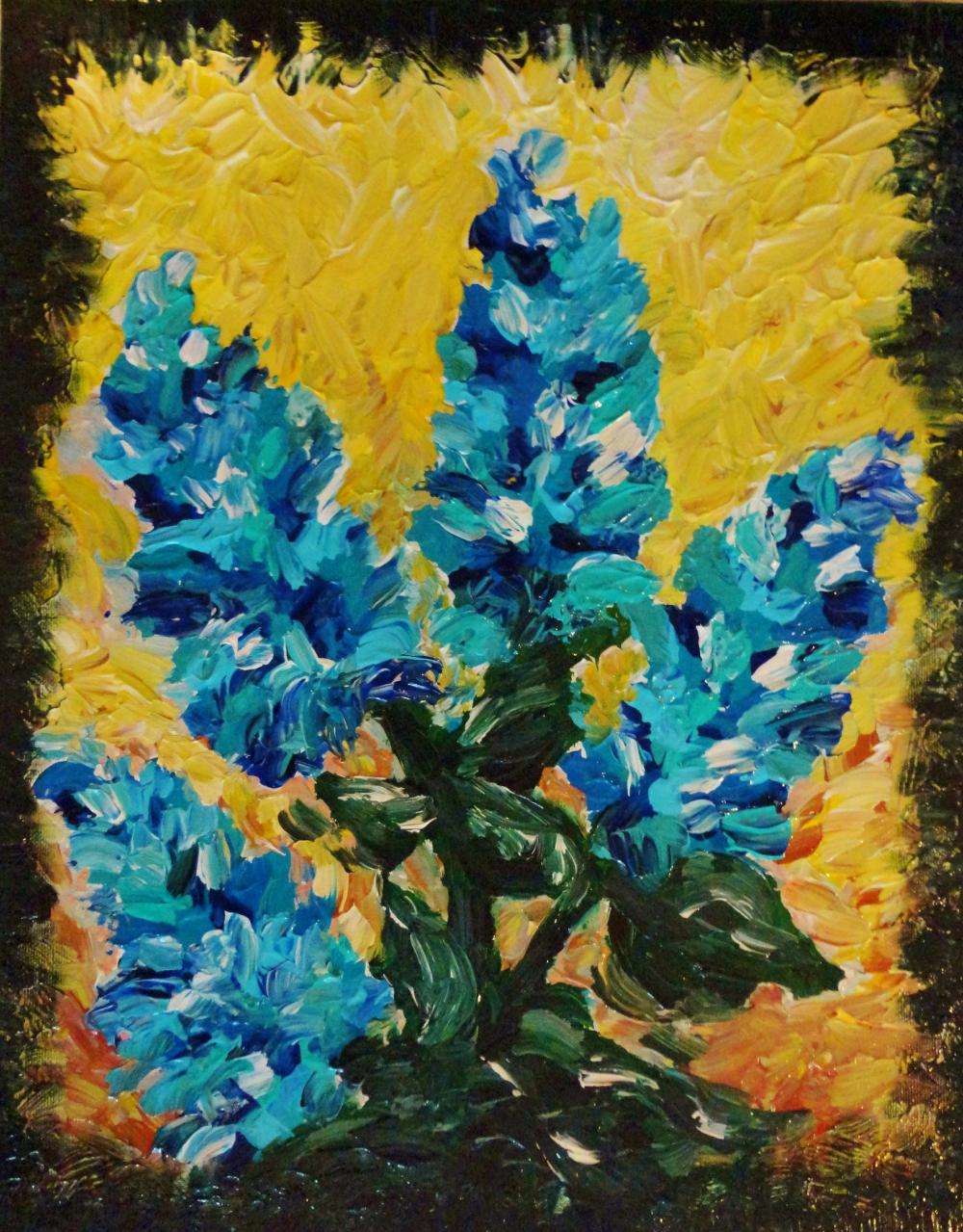 Original Ooak Painting Blue Shades Of Bloom Abstract Impasto Floral Acrylic Modern Art 16 X 20 Beautiful Turquoise Green Yellow