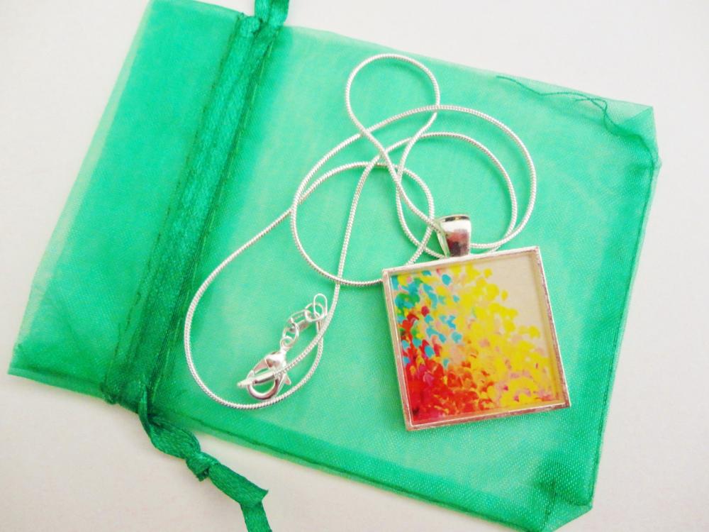 Creation In Colour Resin Necklace, Ooak Abstract Acrylic Painting Image High Quality Handmade Art Jewelry Pendant Silver Plated Gift For Her