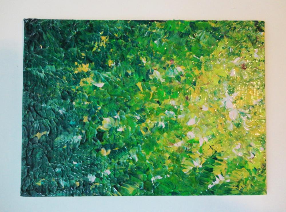 Original Acrylic Painting. Abstract Lake Seaweed Hunter Forest Kelly Green Water. Lovely Impressionism Small Art 5 X 7