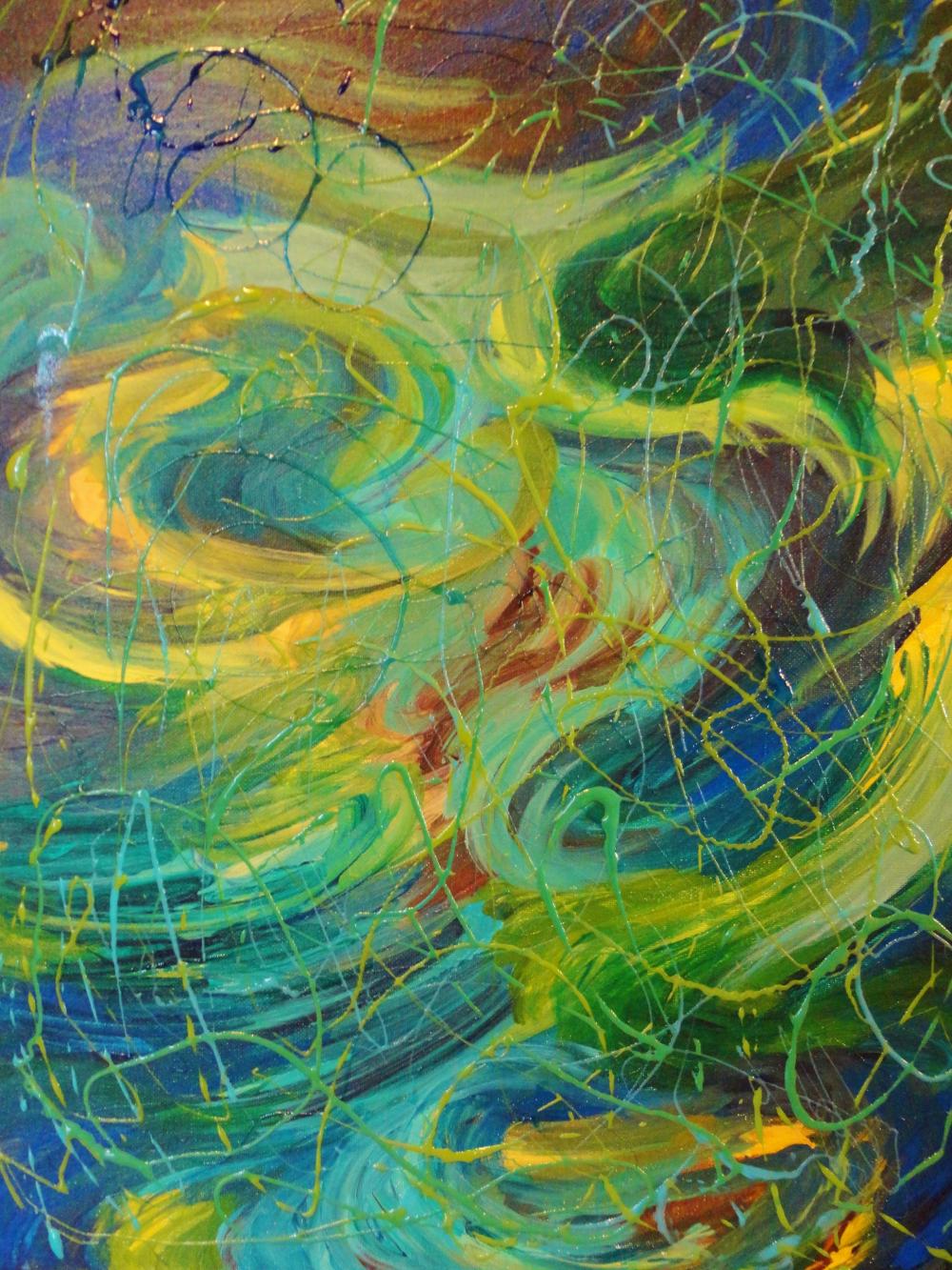 Original Abstract Acrylic Painting Aquatic Galaxy Modern Ocean Beach Decor Art 16 X 20 Beautiful Blue Teal Yellow Green