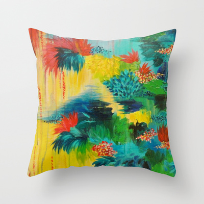Paradise Waits - Beautiful Art Throw Pillow Cover 18 X 18 Inch Colorful Tropical Abstract Acrylic Painting Crimson Kelly Green Lagoon